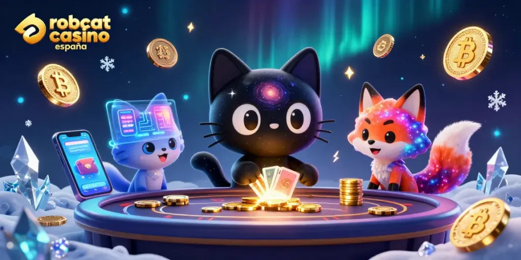 Engage in gaming excitement at robocat casino españa with a captivating illustration of a cosmic casino.