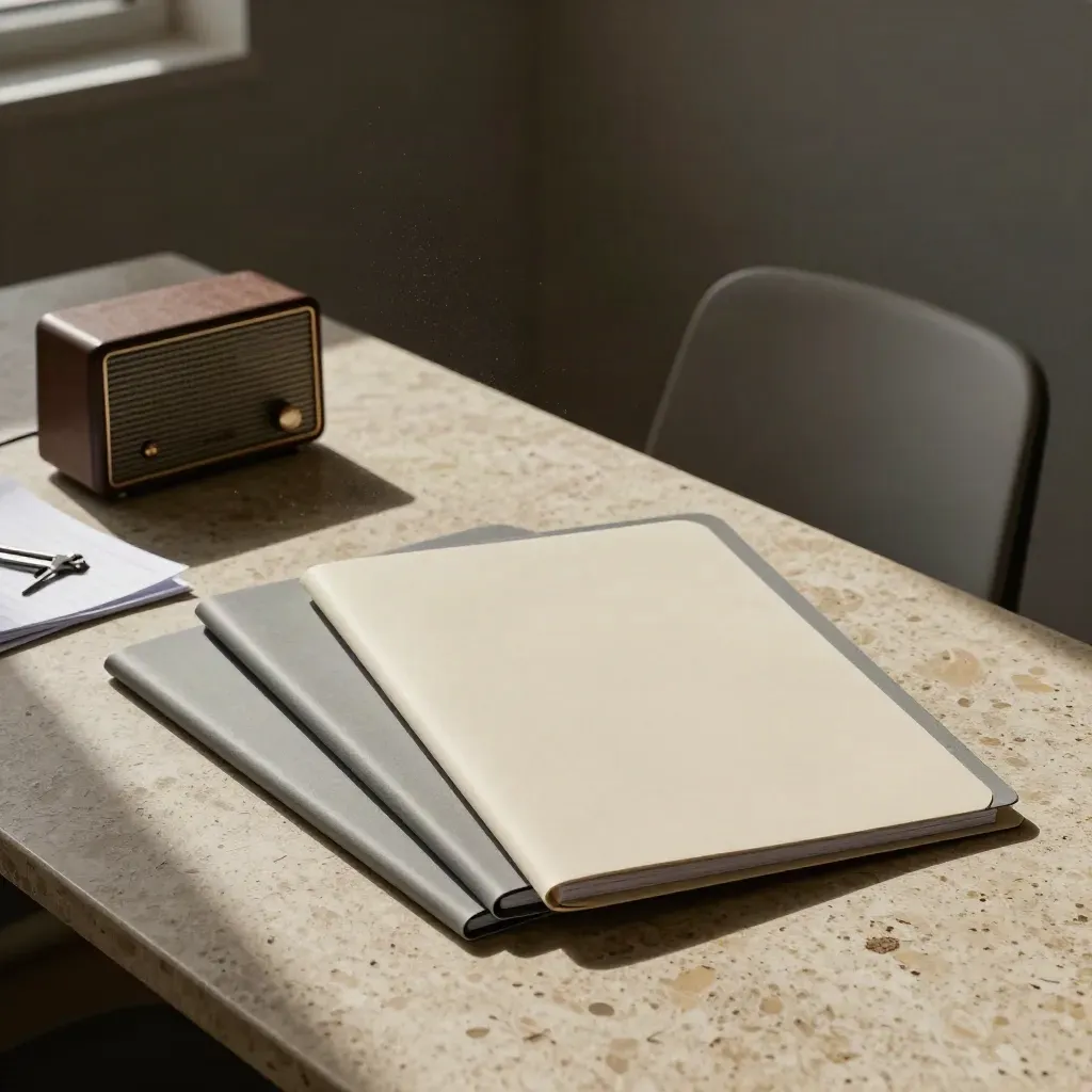 Mesa de análisis con carpetas cerradas, radio pequeña y silla vacía bajo luz rasante.