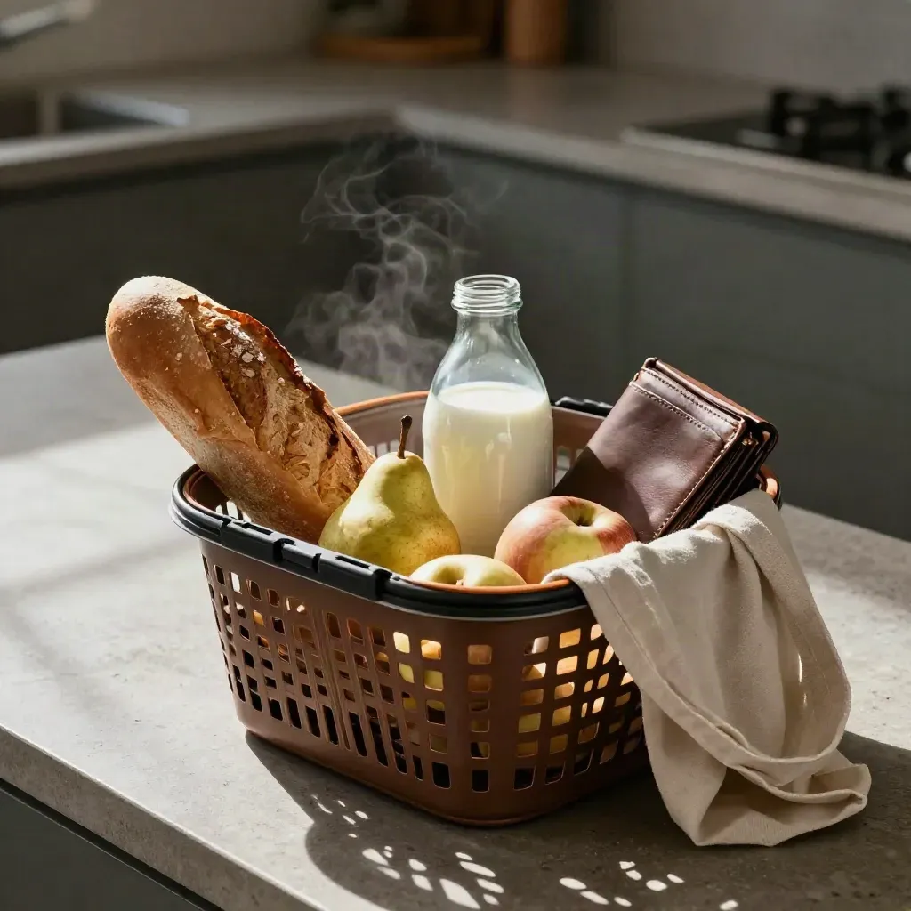 Cesta de compra con pan, fruta y leche junto a una cartera abierta y una bolsa de tela en cocina.