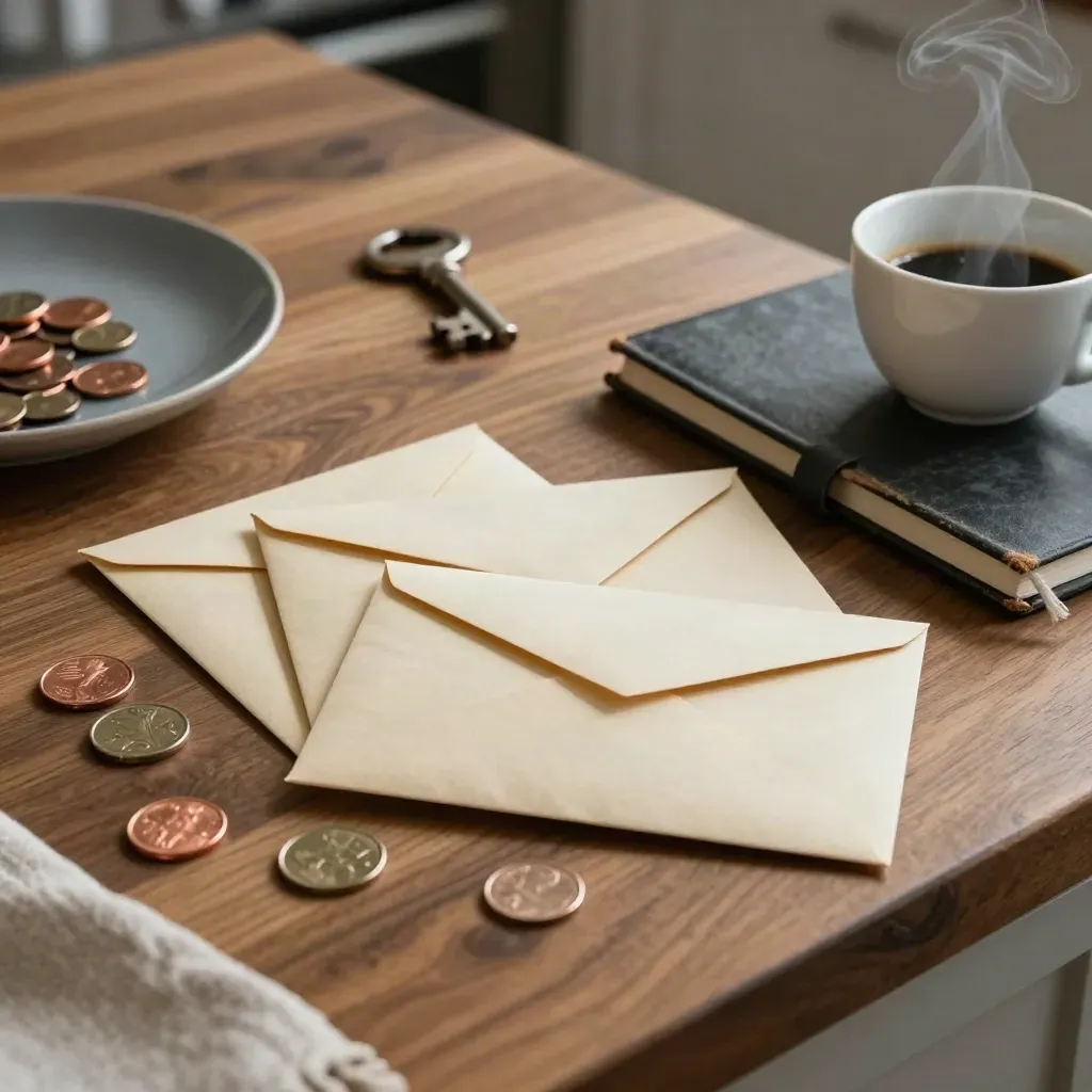 Sobres cerrados, monedas y una taza de café medio vacía sobre una mesa de cocina.