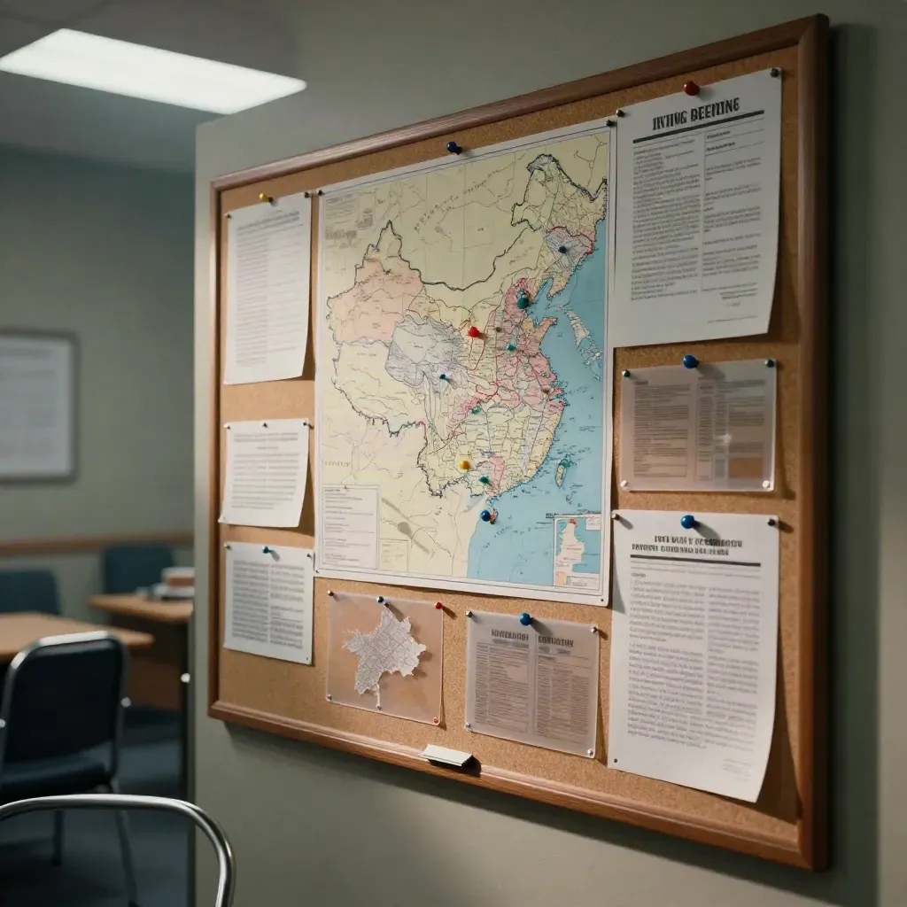 Sala de campaña vacía con panel de corcho, mapas doblados y chinchetas bajo luz tenue.