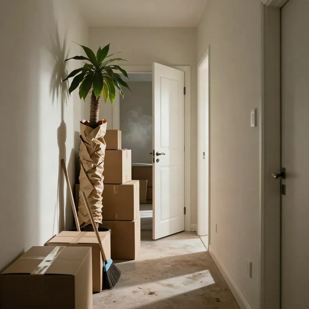 Pasillo estrecho con cajas, planta alta, escoba y puerta abierta en mudanza.