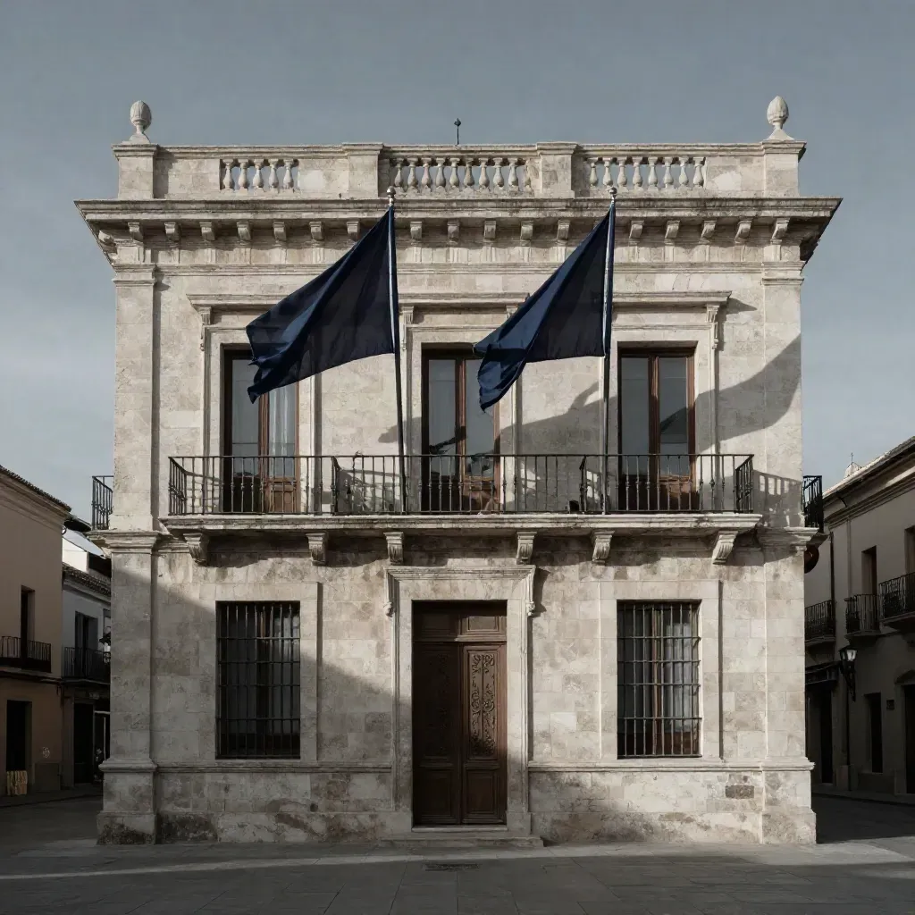Fachada institucional de piedra con dos banderas agitadas por el viento y balcón vacío.